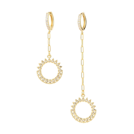Brass Micro Pave Clear Cubic Zirconia Asymmetrical Earrings, Huggie Hoop Earring, with Paperclip Chains, Ring