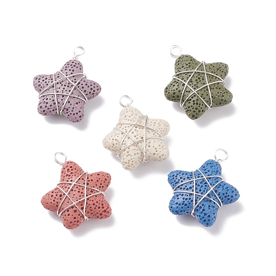 Natural Lava Rock Pendants, with Silver Tone Copper Wire Wrapped, Dyed, Starfish/Sea Stars