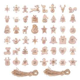 ARRICRAFT 2Sets 2 Style Christmas Theme Unfinished Wood Cutouts Pendant Decorations, with Hemp Ropes, for Hanging Decoration, Mixed Shapes with Number