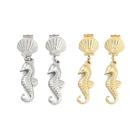 Sea Horse & Shell Shape 304 Stainless Steel Dangle Earrings, Stud Earrings for Women