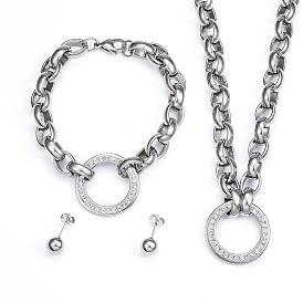 304 définit bijoux en acier inoxydable, colliers et maillons bracelets et boucles d'oreilles, avec strass, plat rond