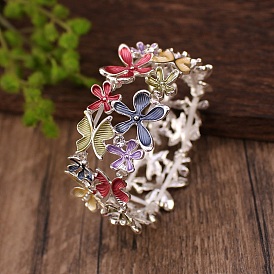 Coloful Alloy Enamel Links Stretch Bangles, Flower with Butterfly