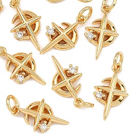 SHEGRACE Brass Clear Cubic Zirconia Charms, Moon with Star Charms, Cadmium Free & Lead Free & Nickel Free