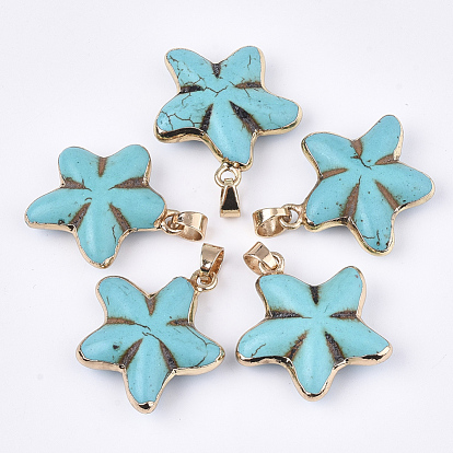 Electroplate Synthetic Turquoise Pendants, with Iron Findings, Dyed, Flower, Golden