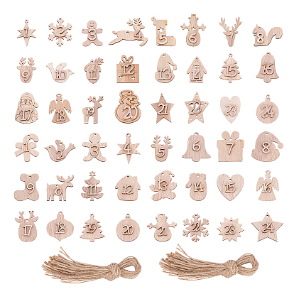 2Sets 2 Style Christmas Theme Unfinished Wood Cutouts Pendant Decorations, with Hemp Ropes, for Hanging Decoration, Mixed Shapes with Number