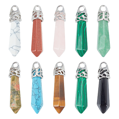 Bullet Natural & Synthetic Gemstone Pendants, with Platinum Tone Brass Findings, Mixed Dyed and Undyed