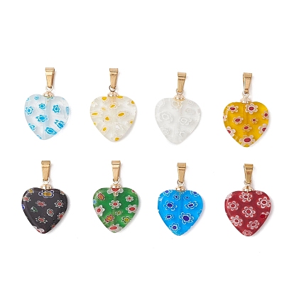 Стеклянные подвески миллефиори, шарма сердца, с латунным, золотой свет