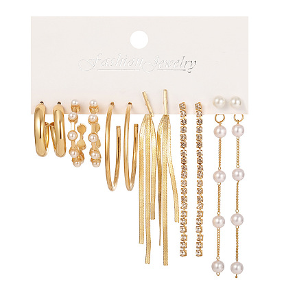 Gold Fringe Earrings with Diamond and Pearl Tassels - 6-Piece Set