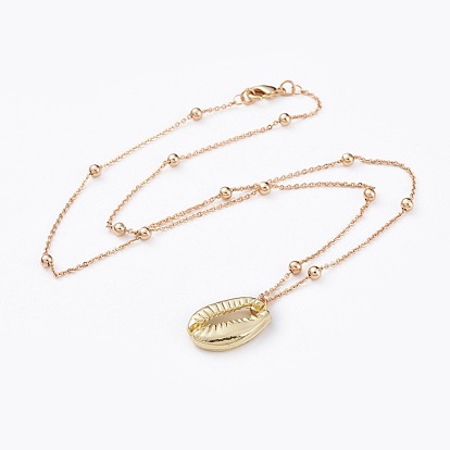 Brass Pendant Necklaces, with Alloy Pendants, Cowrie Shell