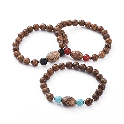 Unisex Wood Beads Stretch Bracelets, with Gemstone Beads, Platinum Plated Brass Spacer Beads and Oval Bodhi Beads