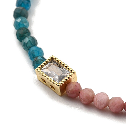 Round Natural Apatite & Rhodonite Beaded Bracelets, Rectangle Brass Pave Clear Glass Bracelets with Natural Pearl for Women