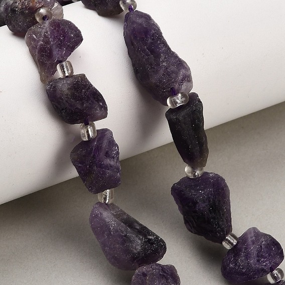 Natural Amethyst Beads Strands, Raw Rough, Nuggets, with Seed Beads