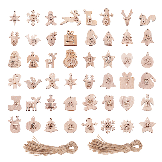 2Sets 2 Style Christmas Theme Unfinished Wood Cutouts Pendant Decorations, with Hemp Ropes, for Hanging Decoration, Mixed Shapes with Number