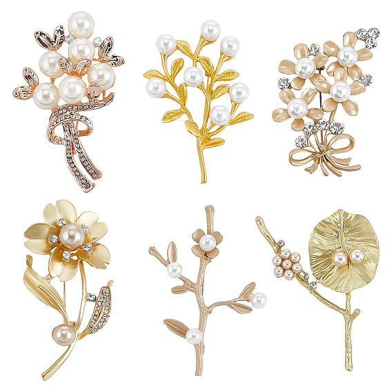 6 pièces 6 styles de broches florales en alliage de zinc pour vêtements, avec des perles d'imitation en résine et des strass