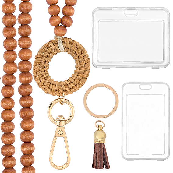 1Ремешок для именной карточки из круглого дерева с бусинами, с металлическими кольцами и кисточкой и 2 прозрачными пластиковыми держателями для удостоверений личности.
