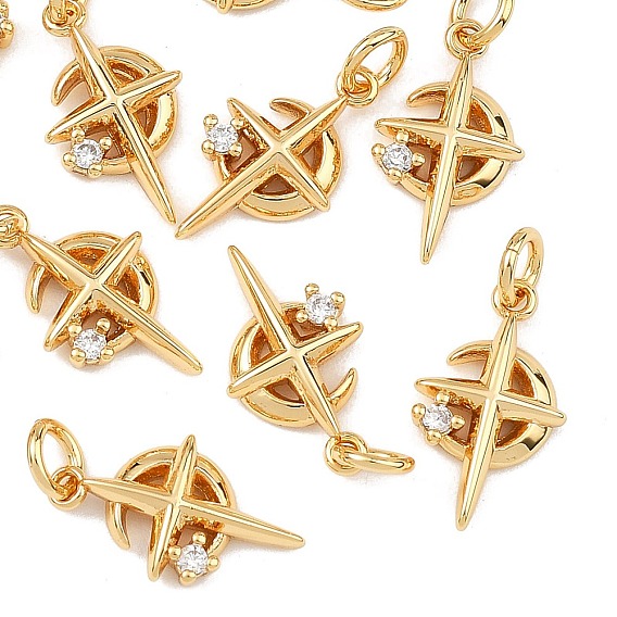 SHEGRACE Brass Clear Cubic Zirconia Charms, Moon with Star Charms, Cadmium Free & Lead Free & Nickel Free