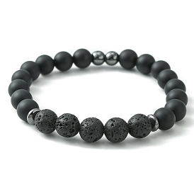 Natural Lava Rock & Black Agate & Synthetic Hematite Beaded Stretch Bracelets