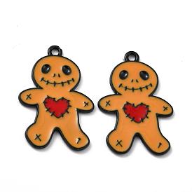 Halloween Theme Alloy Enamel Pendants, Gingerbread Man with Red Heart