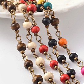 Antique Bronze Brass Handmade Wood Beaded Chains, Unwelded, For Necklaces Bracelets Making, 39.3 inch