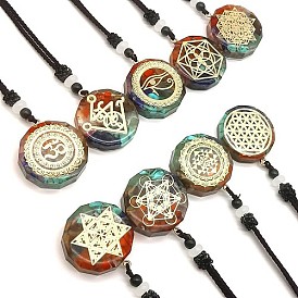 Orgonite Chakra Natural & Synthetic Mixed Stone Pendant Necklaces, Nylon Thread Necklace for Women, Flat Round