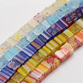 Handmade Millefiori Glass Bead Strands, Cube, 6x6x6mm, Hole: 1mm, about 65pcs/strand, 15.1 inch