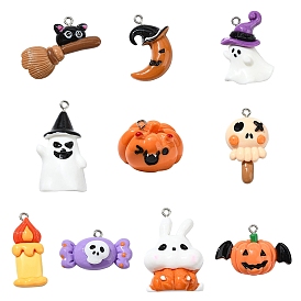 20 шт 10 стили тема Хэллоуин непрозрачные смоляные подвески, с платиновыми тоновыми железными петлями, разнообразные
