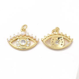 Rack Plating Brass Cubic Zirconia Pendants, with Plastic Imitation Pearl & Jump Ring, Cadmium Free & Lead Free, Real 18K Gold Plated, Long-Lasting Plated, Eye Charm