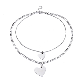 304 Stainless Steel Double Layer Necklaces, with Figaro Chains & Rolo Chains, Heart
