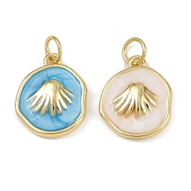 Латунные подвески, с эмалью и кольцом для прыжков, плоская круглая с подвеской из ракушек, стойки покрытие, долговечный, без кадмия и без свинца, реальный 18 k позолоченный