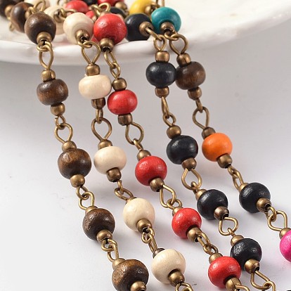Antique Bronze Brass Handmade Wood Beaded Chains, Unwelded, For Necklaces Bracelets Making, 39.3 inch