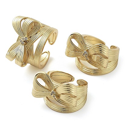 Brass Micro Pave Cubic Zirconia Open Cuff Ring, Long-Lasting Plated, Lead Free & Cadmium Free, Bowknot
