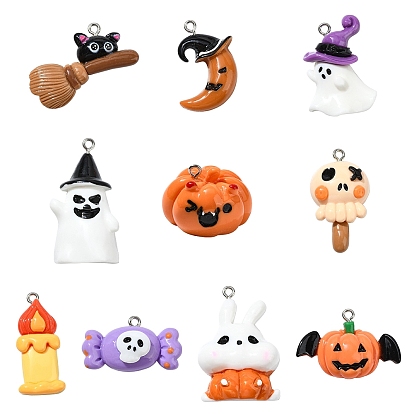 20 шт 10 стили тема Хэллоуин непрозрачные смоляные подвески, с платиновыми тоновыми железными петлями, разнообразные