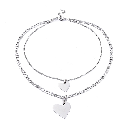 304 Stainless Steel Double Layer Necklaces, with Figaro Chains & Rolo Chains, Heart