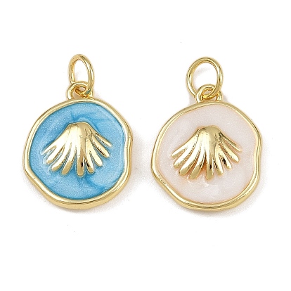 Латунные подвески, с эмалью и кольцом для прыжков, плоская круглая с подвеской из ракушек, стойки покрытие, долговечный, без кадмия и без свинца, реальный 18 k позолоченный