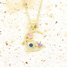 Starry Night Moon Pendant Necklace with Micro Inlaid Zircon, Fashionable Design for Women