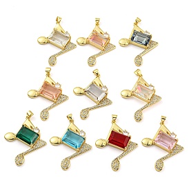 Rack Plating Brass Micro Pave Clear Cubic Zirconia Pendants, with Glass, Long-Lasting Plated, Cadmium Free & Lead Free, Real 18K Gold Plated, Musical Note Charms