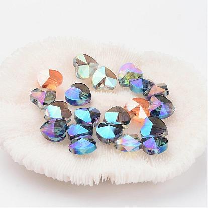 Electroplate Faceted Glass Heart Beads, Half Rainbow Plated, 10x10x7mm, Hole: 1mm