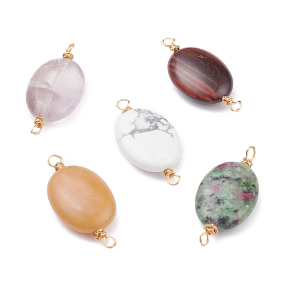 Natural Mixed Stone Links Connectors, with Real 18K Gold Plated Eco-Friendly Copper Wire, Oval