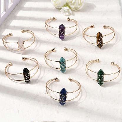 Браслеты-манжеты для женщин из латуни с шестиугольными наконечниками, обмотанными натуральными и синтетическими драгоценными камнями.