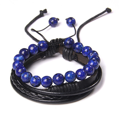 Natural Lapis Lazuli Bead Bracelet - Fashionable Leather Rope Set, Unisex Hand Jewelry.