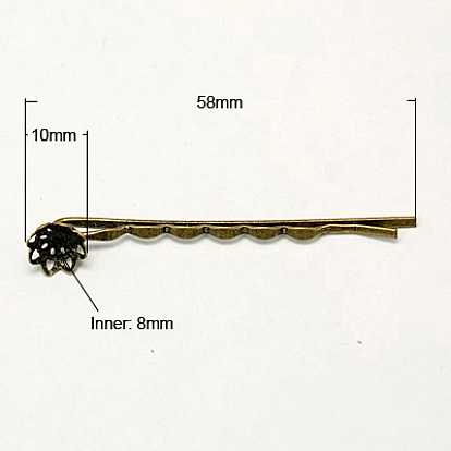 Iron Hair Bobby Pin Findings, with Brass Flower Tray, 58mm, Tray: 8mm
