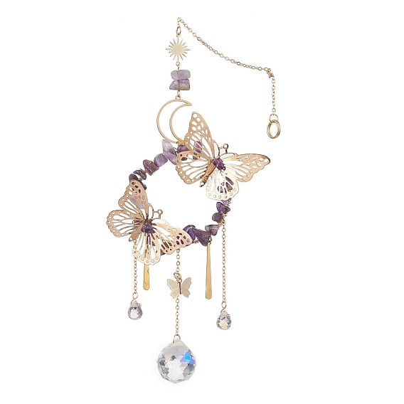 Кольцо-подвеска с железной бабочкой и натуральным аметистом, Стеклянные круглые подвески с кисточками для украшения дома в саду