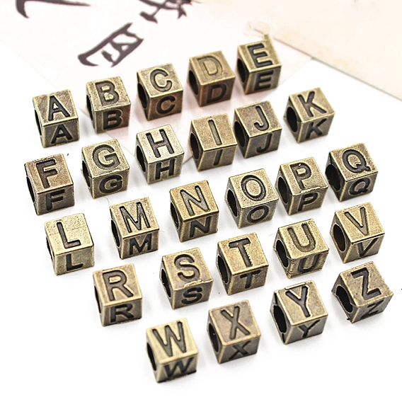 Европейские бусины из антикварного бронзового сплава, бусины с большим отверстием, куб с письмом
