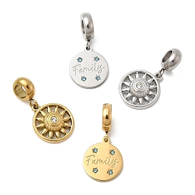 304 европейские подвесные подвески из нержавеющей стали со стразами, Подвески с большими отверстиями, ионное покрытие (ip)