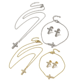 Ion Plating(IP) 304 Stainless Steel Cross Pendant Necklaces & Bracelets & Stud Earrings Sets for Women