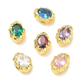 Brass Pave Cubic Zirconia Beads, Irregular Oval, Rack Plating, Long-Lasting Plated, Lead Free & Cadmium Free, Real 18K Gold Plated