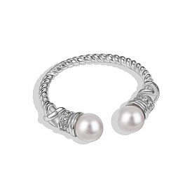 Round Shell Pearl Cuff Ring, Rhodium Plated 925 Sterling Silver Open Ring for Women