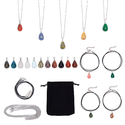 40Pcs DIY Gemstone Necklaces Making Kits, Including Teardrop Pendants, Waxed Cotton Cord Necklace Making, 304 Stainless Steel Women Chain Necklaces