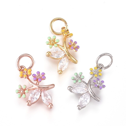 Brass Charms, with Micro Pave Cubic Zirconia, Enamel and Jump Rings, Flower