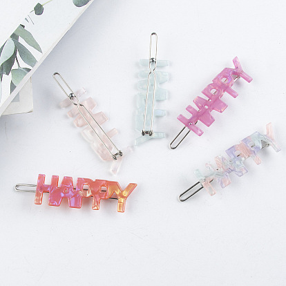 PVC Hair Bobby Pins, with Metal Finding, Word HAPPY